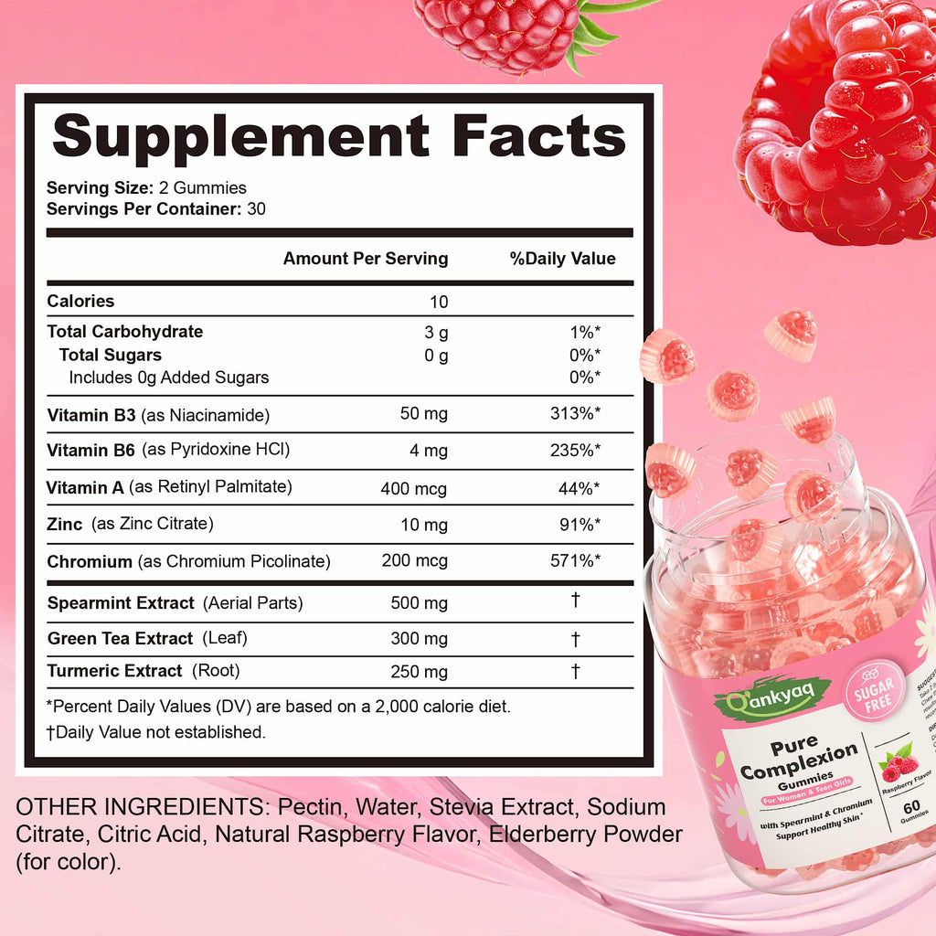 q'ankyaq spearmint complexion gummies for teens and women — Pure Complexion gummies supplement facts — q'ankyaq