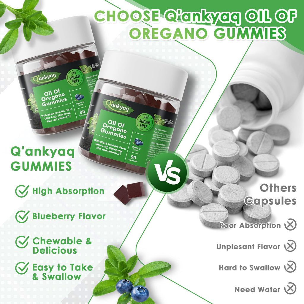 q'ankyaq oregano and black seed gummies for the family shelf — oil of oregano with black seed oil nearby — q'ankyaq